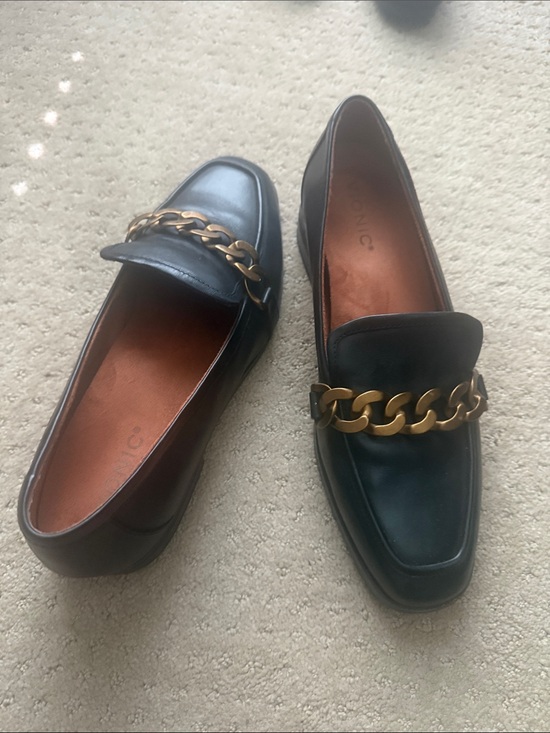 Vionic Shoes - Vionic Black Leather Loafers with Gold Chain Accent